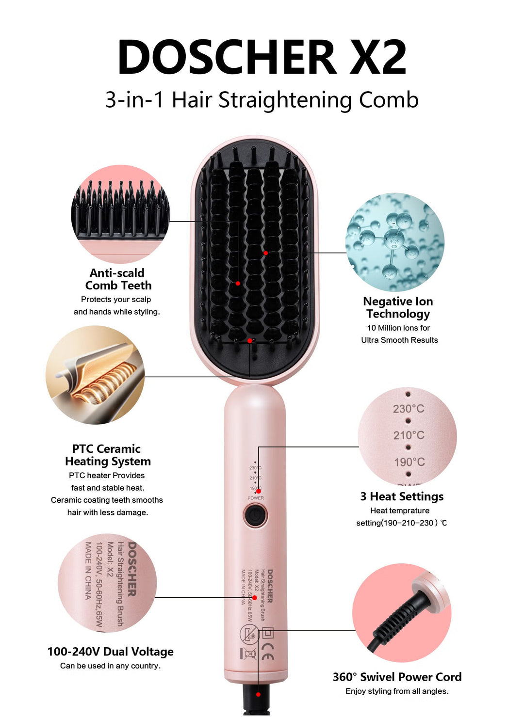 Doscher Hair Straightener Brush - KR-X2-Pink